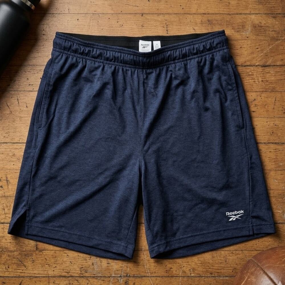 Reebok Men's Large L Navy Heather Athletic Gym Training Shorts Elastic Waist
